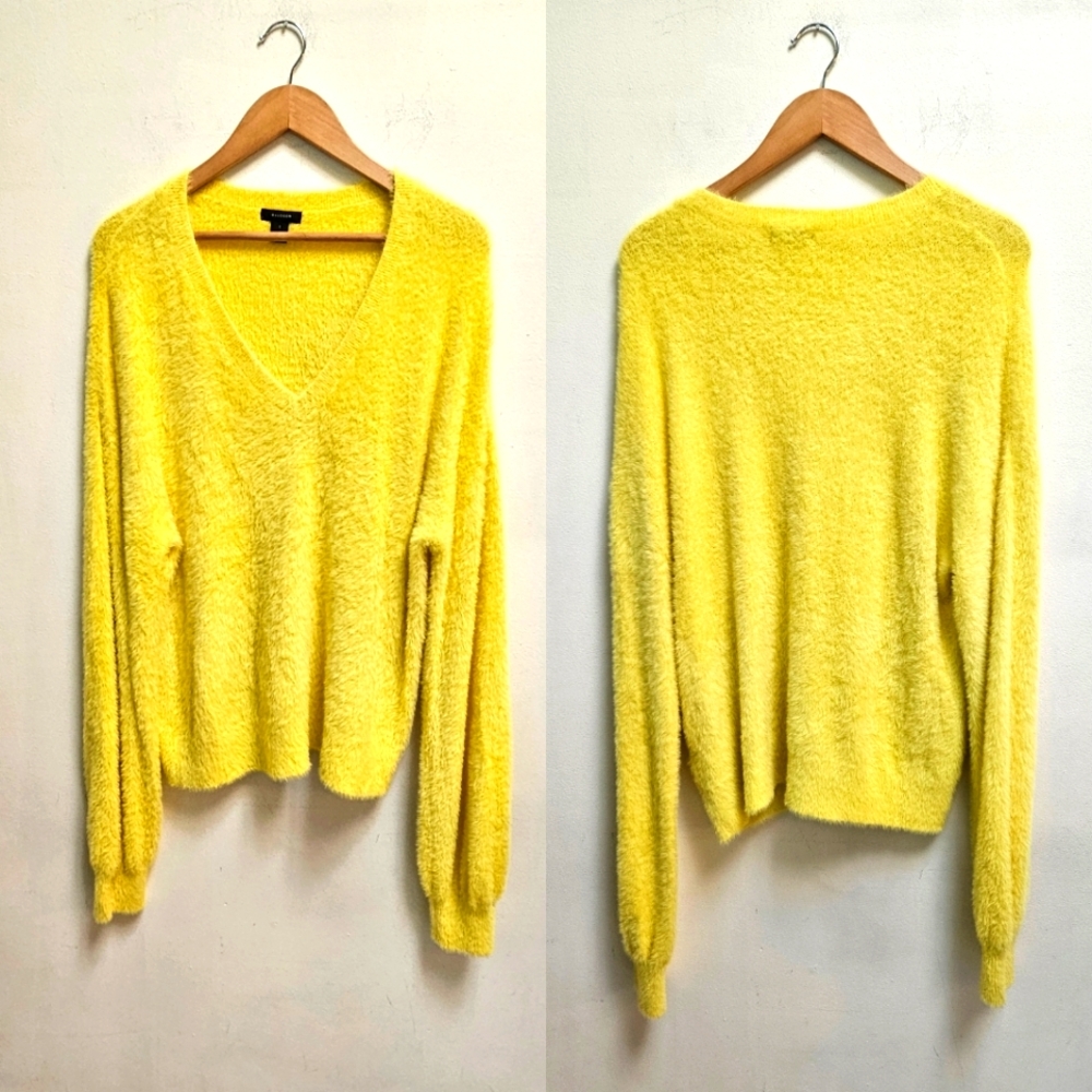 Halogen Cozy Eyelash Sweater Bright Yellow Relaxed Plush Lightweight Size L